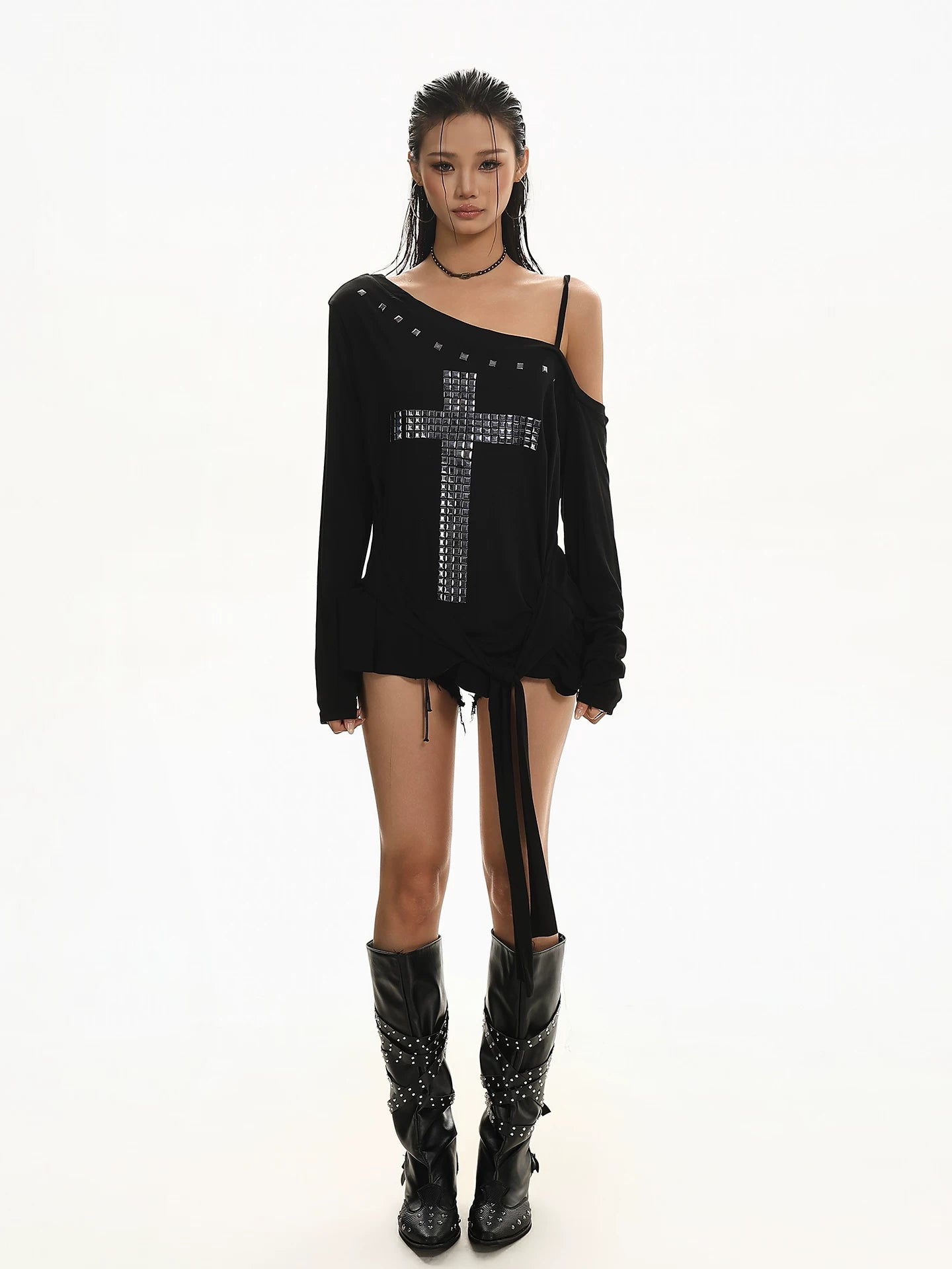 'CrossSlant' Cross Rivet Asymmetric Off Shoulder Long Sleeve