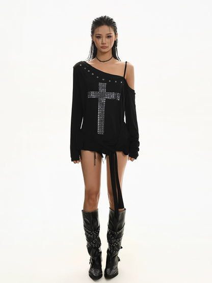 'CrossSlant' Cross Rivet Asymmetric Off Shoulder Long Sleeve