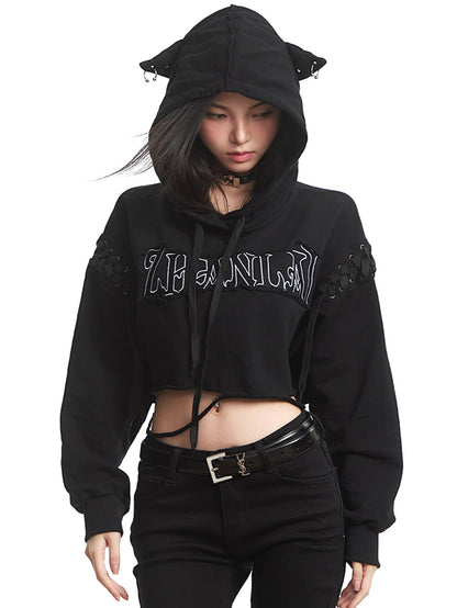 'Feral Cat' Cropped Print Drawstring Spicy Street Hoodie (Copy) AlielNosirrah
