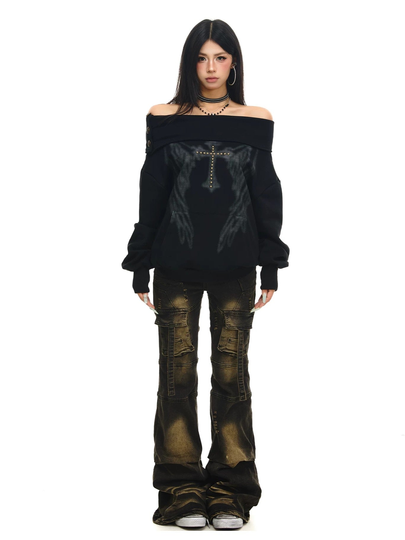 'Cross Lune' Retro Vintage Lapel Off Shoulder Top