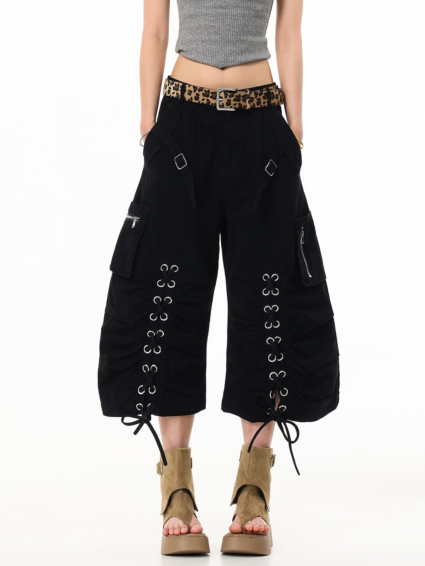'Hype Tie' High Street Strap Design Wide Leg Cargo Capri Pants