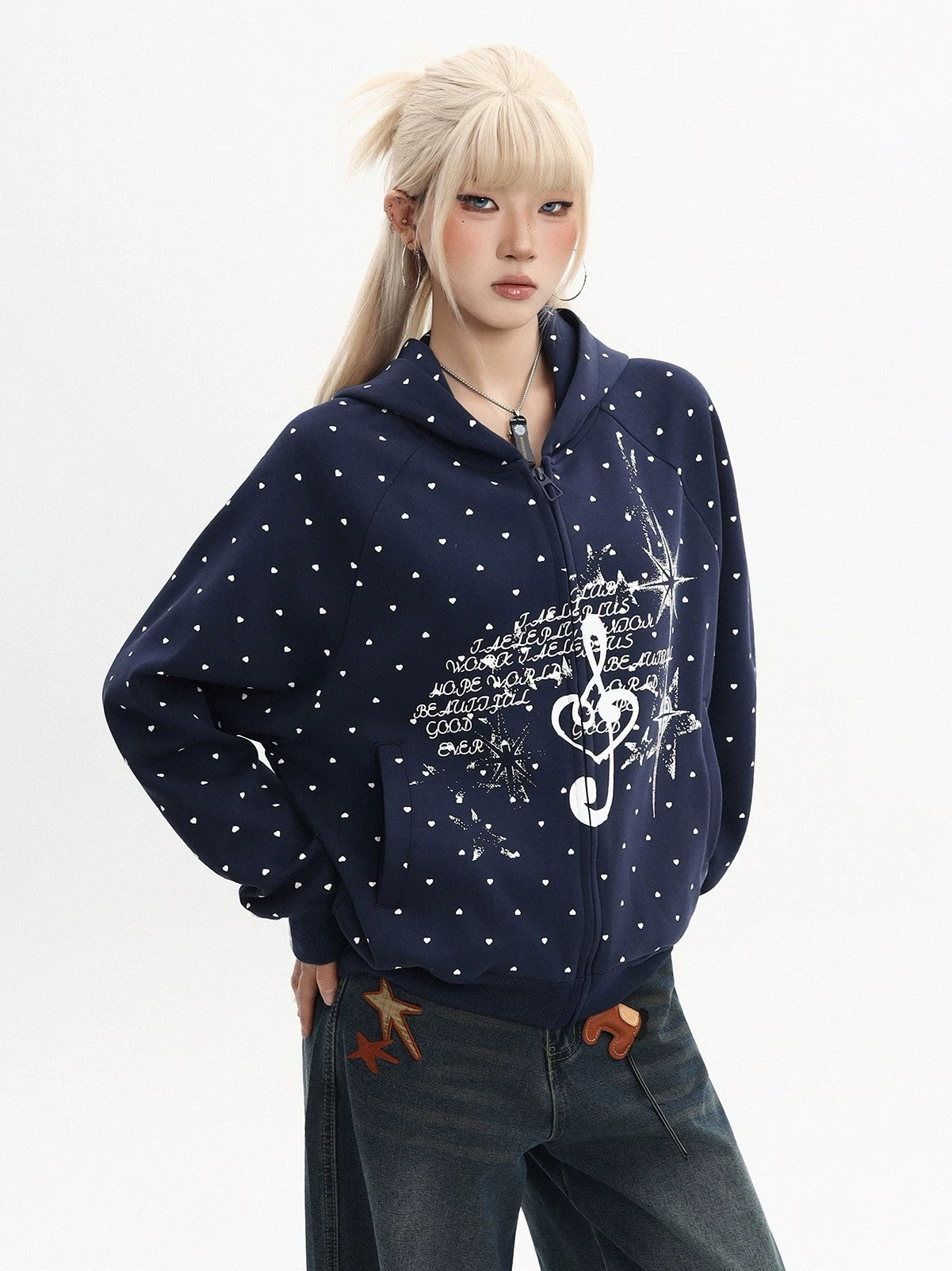 'Dot Revival' Vintage Polka Dot Hooded Sweatshirt Jacket AlielNosirrah