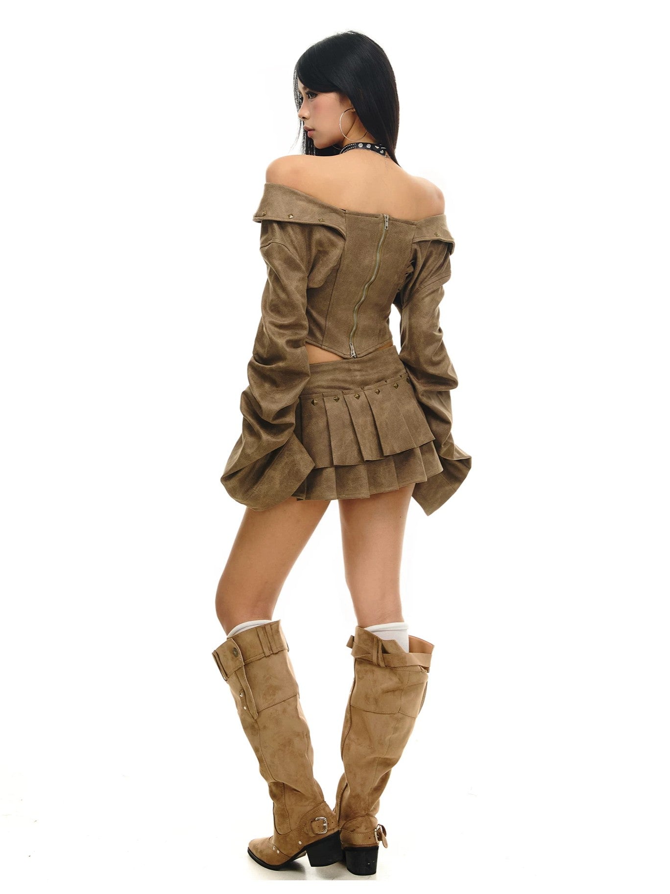 'Rustic Dusk' Off Shoulder Lapel Waist Flared Sleeve Corset Top