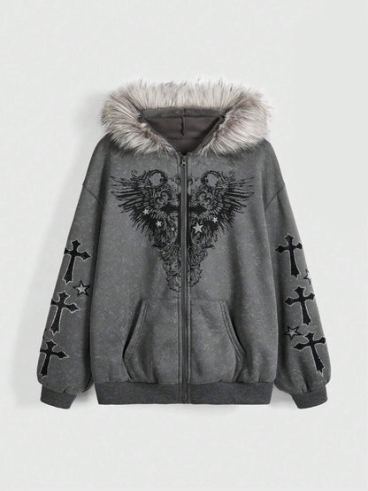 'Snow Angel' Detachable Fur Collar Leopard Print Zip-Up Hoodie (Copy) AlielNosirrah