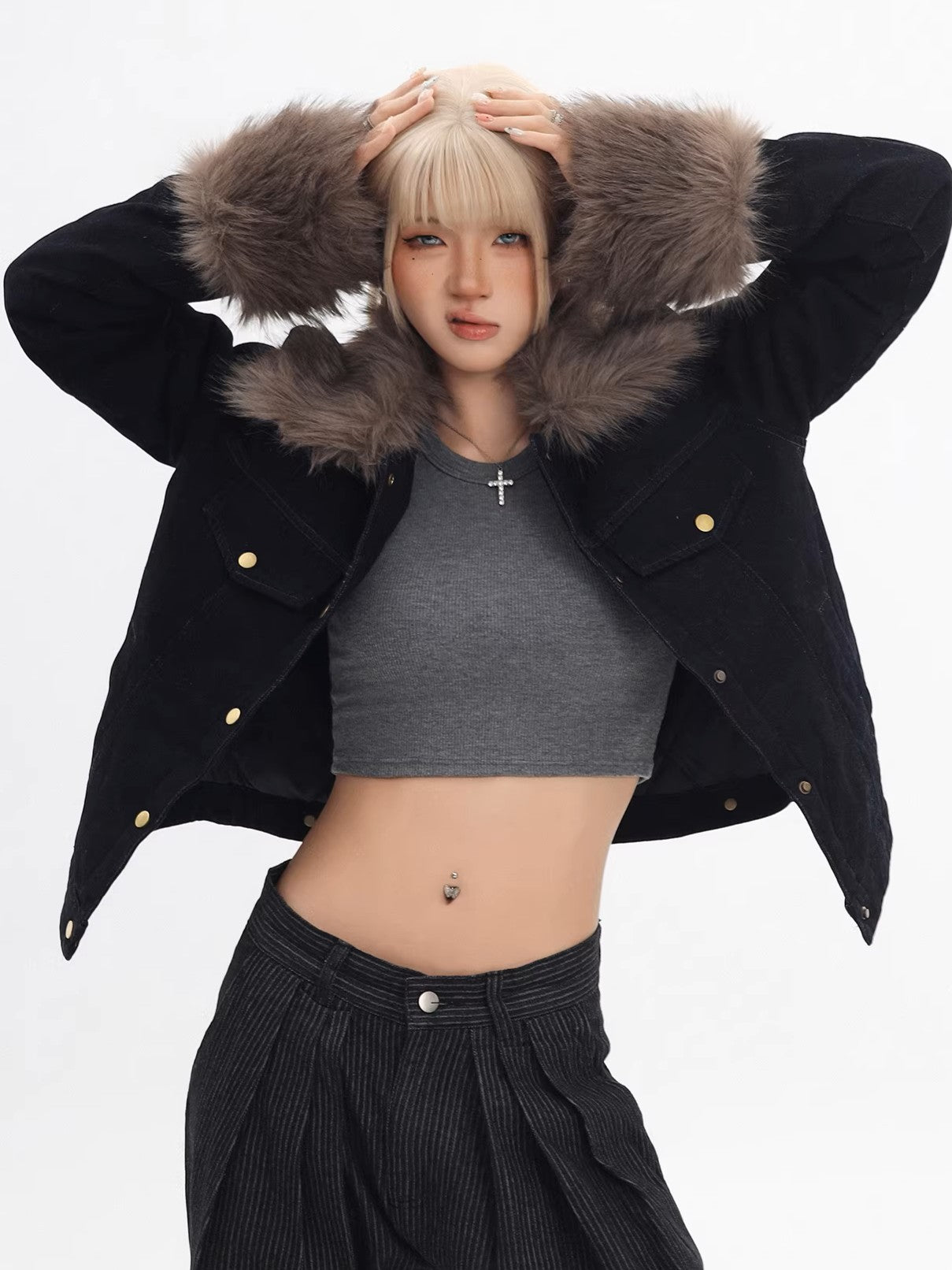 'Blue Haven' Vintage Fur-Collar Cropped Denim Puffer Jacket AlielNosirrah