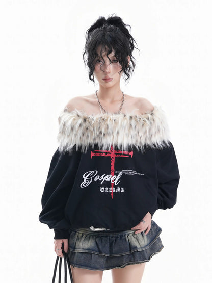 'Frost Kiss' Retro Glam Off-Shoulder Fur Trim Sweatshirt (Copy) AlielNosirrah