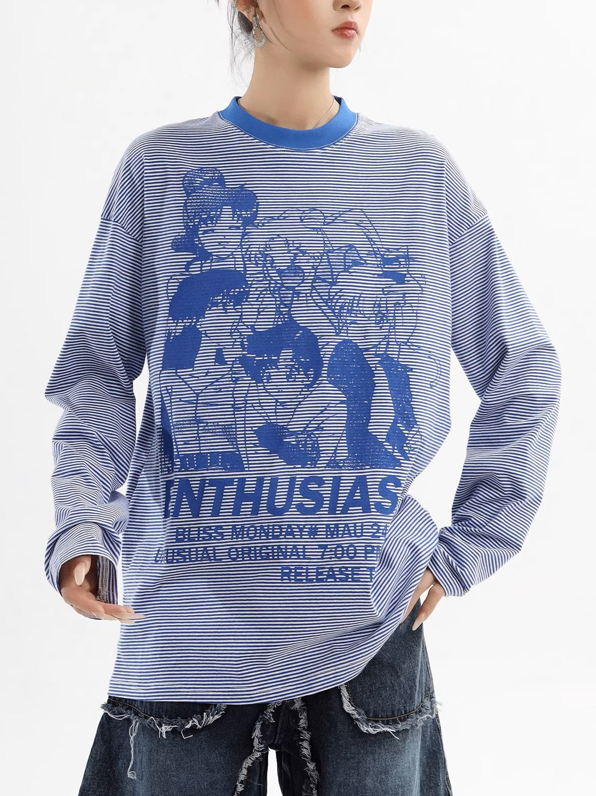 'Cartoon Otaku' Vintage Anime Character Printed Striped Long-Sleeve Top AlielNosirrah