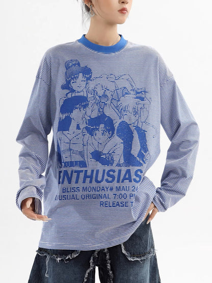 'Cartoon Otaku' Vintage Anime Character Printed Striped Long-Sleeve Top AlielNosirrah