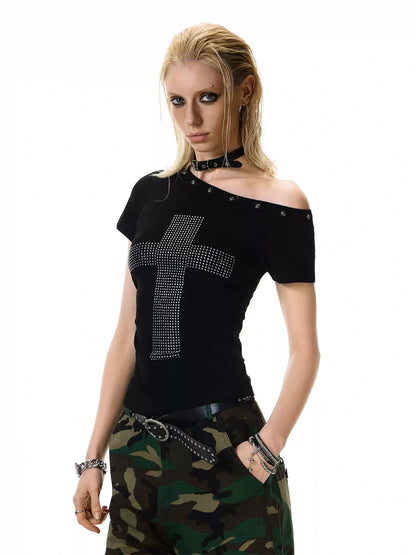 'Night Prayer' Retro Cross Rhinestone Asymmetrical Shoulder Tee (Copy) AlielNosirrah