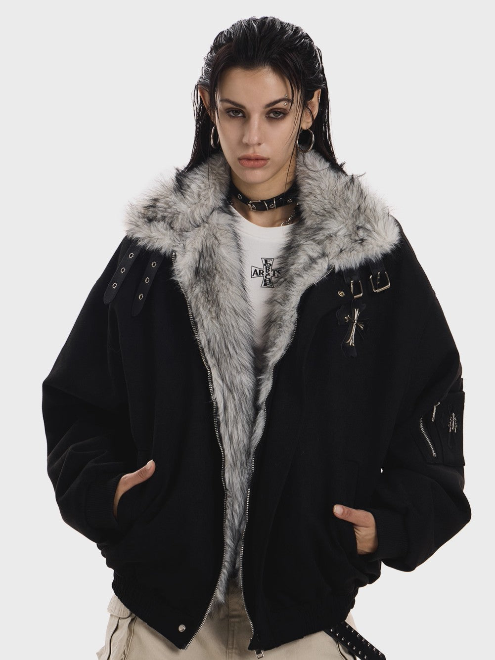 'Frosted Faith' Cross Print Fleece-Lined Thick Jacket AlielNosirrah