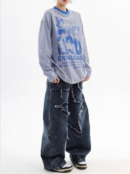 'Cartoon Otaku' Vintage Anime Character Printed Striped Long-Sleeve Top AlielNosirrah