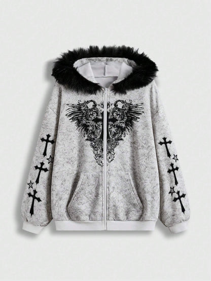 'Snow Angel' Detachable Fur Collar Leopard Print Zip-Up Hoodie (Copy) AlielNosirrah