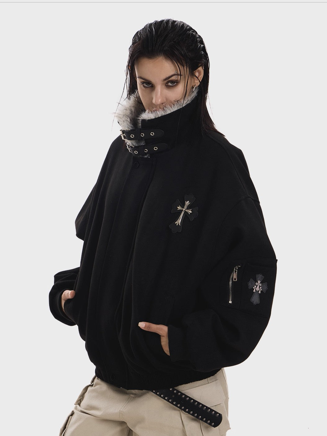 'Frosted Faith' Cross Print Fleece-Lined Thick Jacket AlielNosirrah