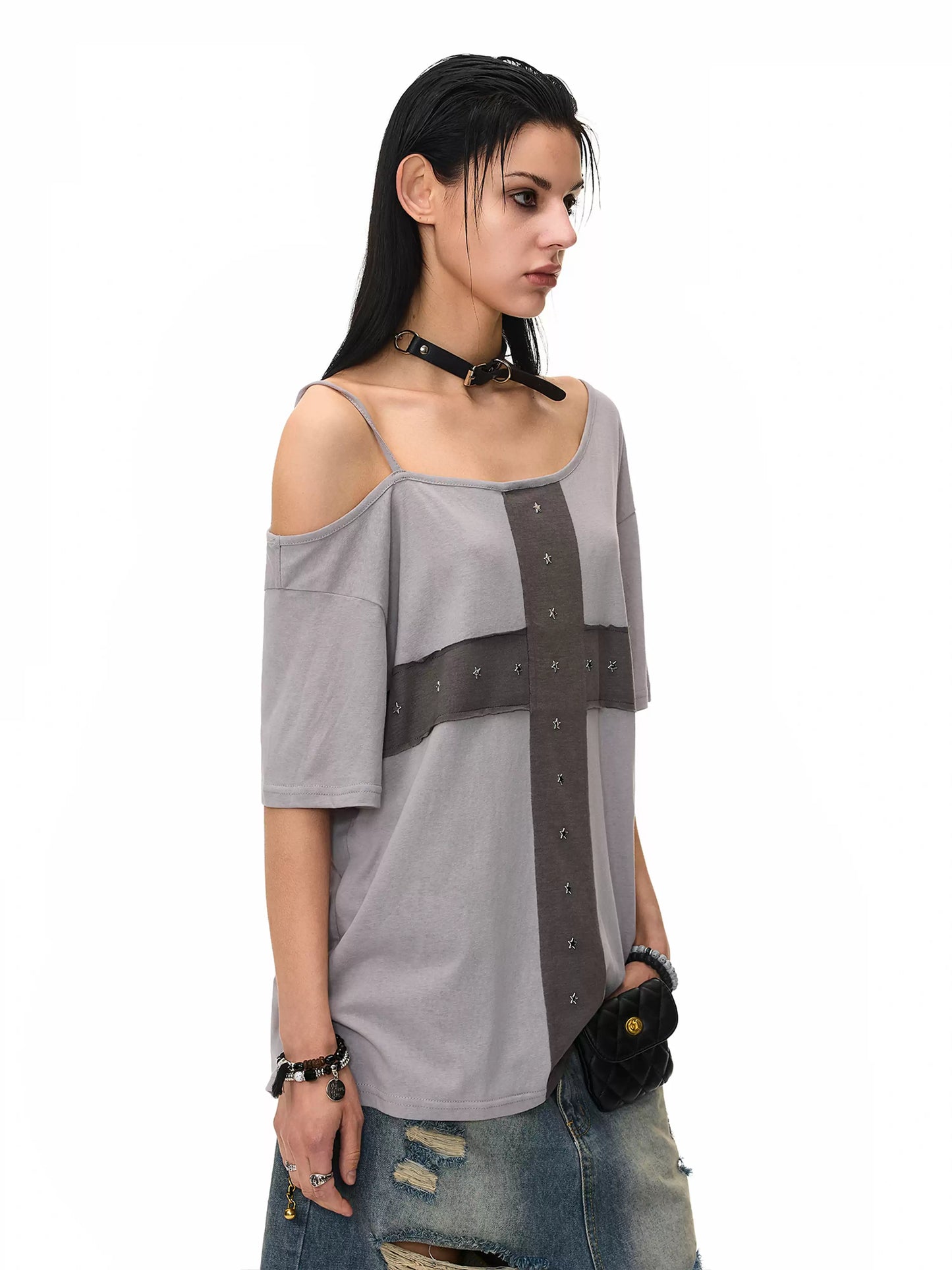 'Crossfire' Patchwork Cross Star Studded Off-Shoulder Top AlielNosirrah