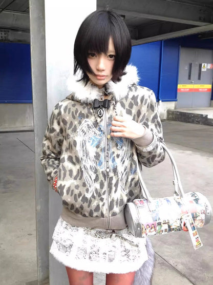 'Snow Angel' Detachable Fur Collar Leopard Print Zip-Up Hoodie (Copy) AlielNosirrah