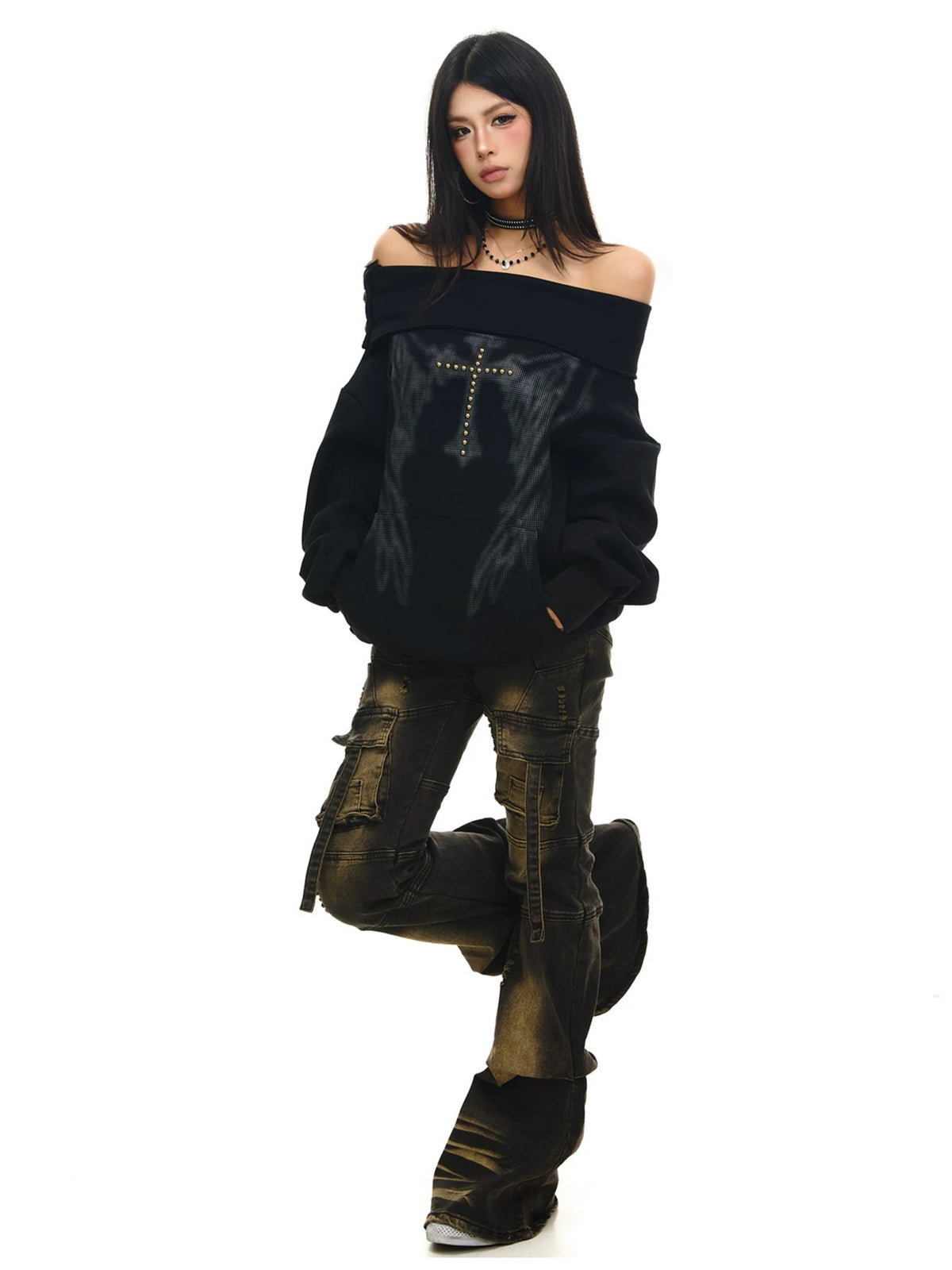 'Cross Lune' Retro Vintage Lapel Off Shoulder Top