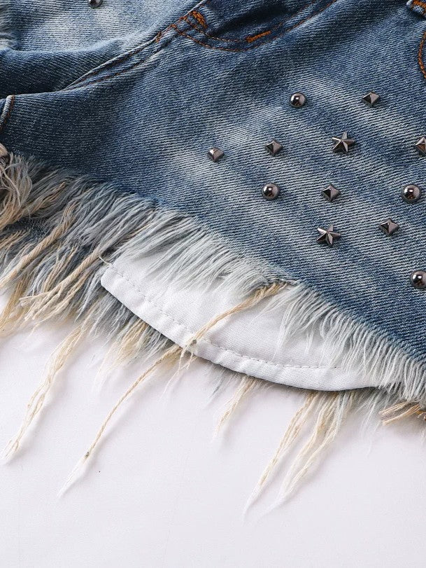'Street Outlaw' Vintage Studded Raw Hem Denim Shorts AlielNosirrah