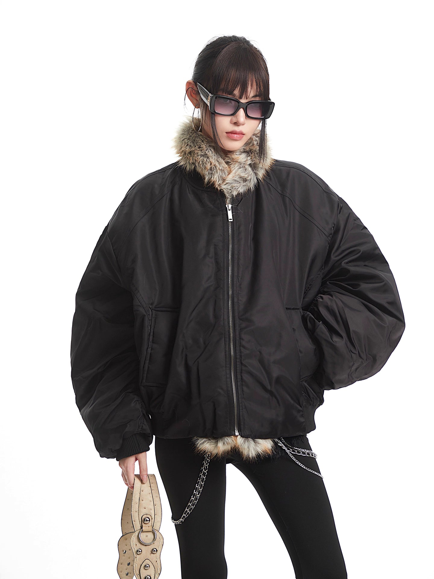 'Nightfall' Fur-Lined Black Aviator Puffer Jacket AlielNosirrah