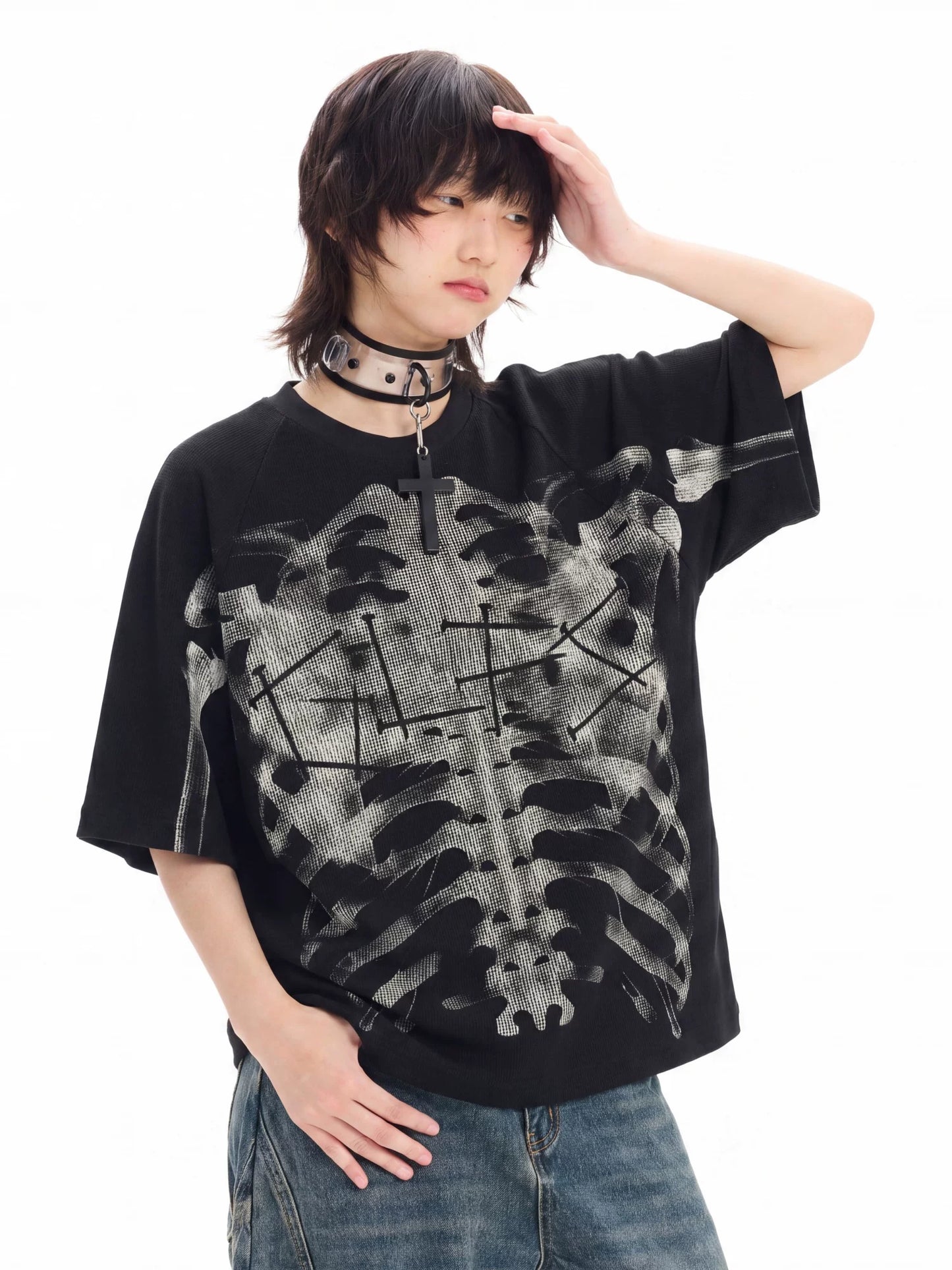 'BoneEcho' Gothic Skeleton Print Short Sleeve T-Shirt