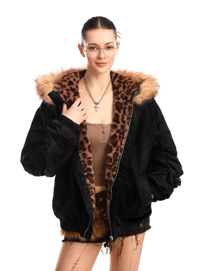 'Urban Jungle' Detachable Faux-Fur Collar Leopard Hooded (Copy) AlielNosirrah