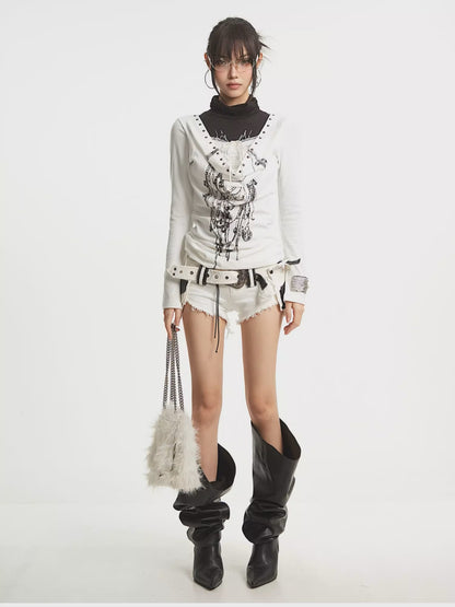 ’Kiss Chain' Faux-Layered Lace Trim Chain-Print Slim Fit Long Sleeve Top AlielNosirrah