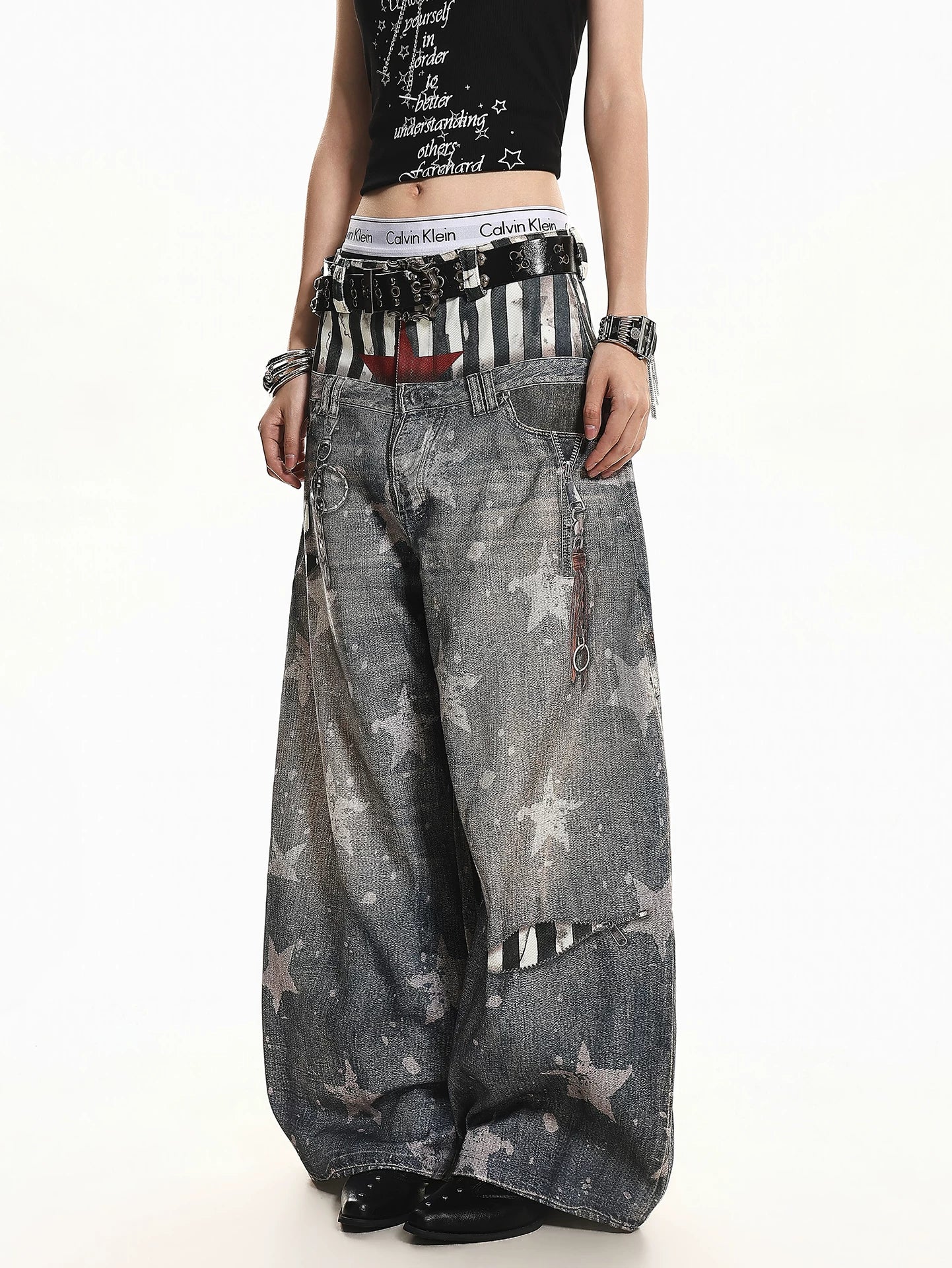 'Patchstar' Streetstyle Patchwork Graphic Wide-Leg Denim Jeans