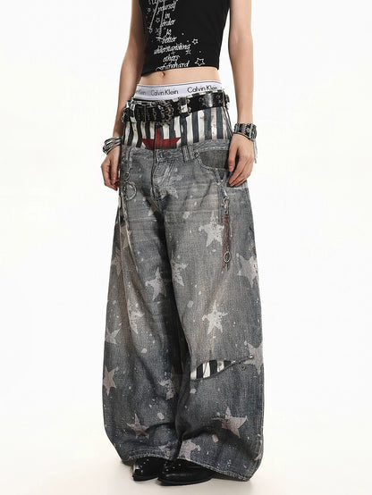 'Patchstar' Streetstyle Patchwork Graphic Wide-Leg Denim Jeans