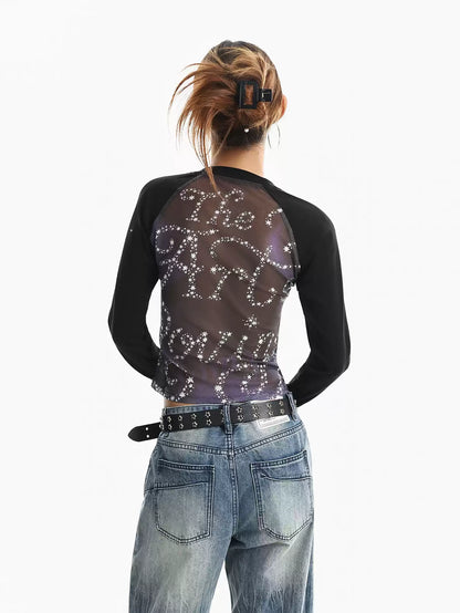 'Dreaming' Vintage Print Mesh Patchwork Long Sleeve Top AlielNosirrah