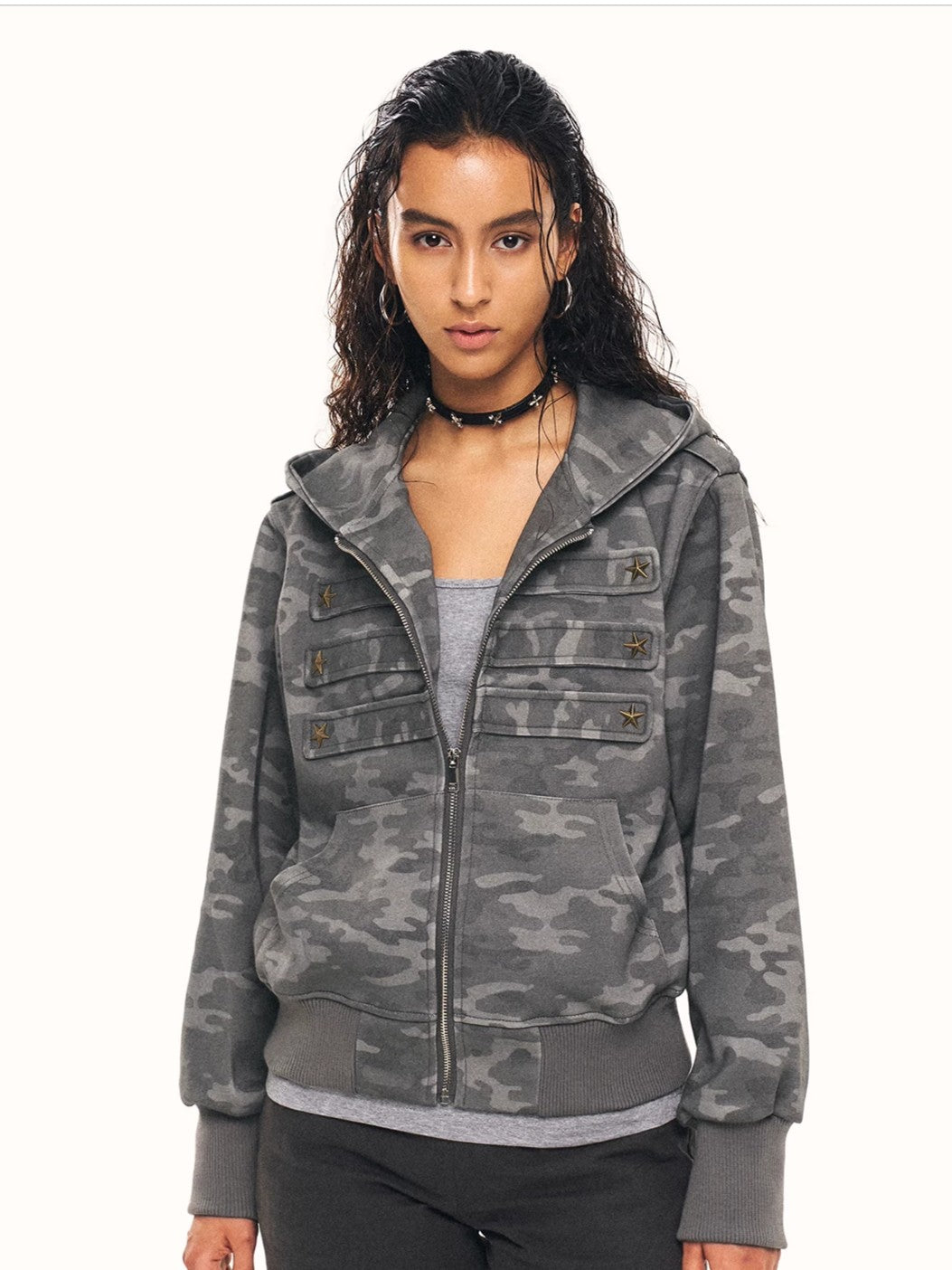 'Star Relic' Retro Distressed Star‑Shaped Buckles Camouflage Hooded