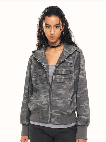 'Star Relic' Retro Distressed Star‑Shaped Buckles Camouflage Hooded