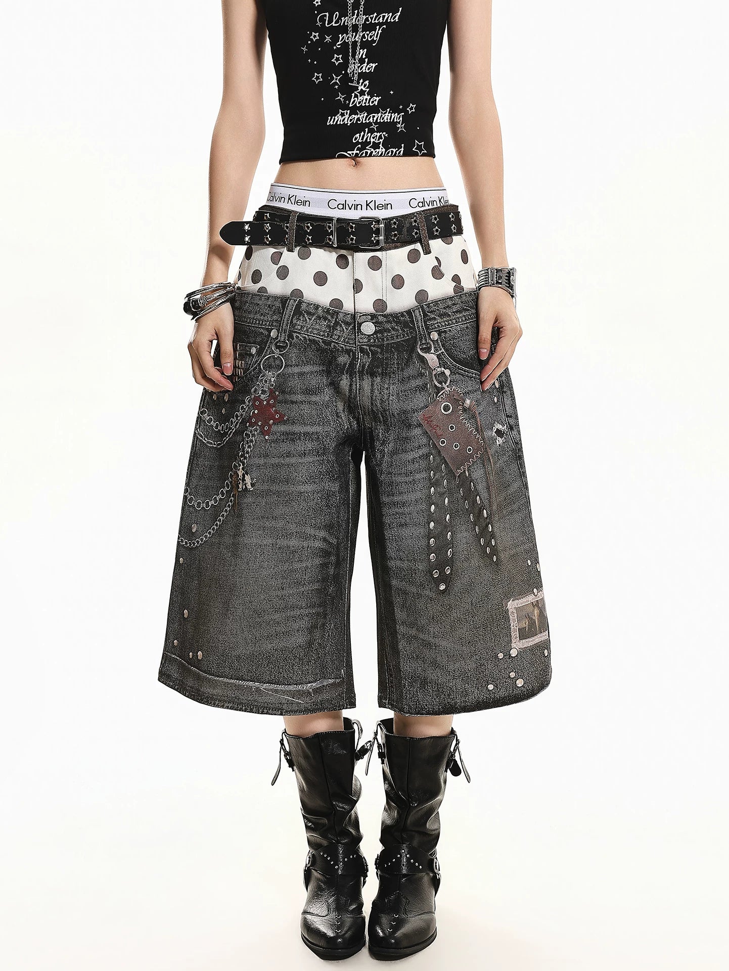 'Star Bloom' Vintage Washed Double Waist Graphic Capri Denim Pants AlielNosirrah