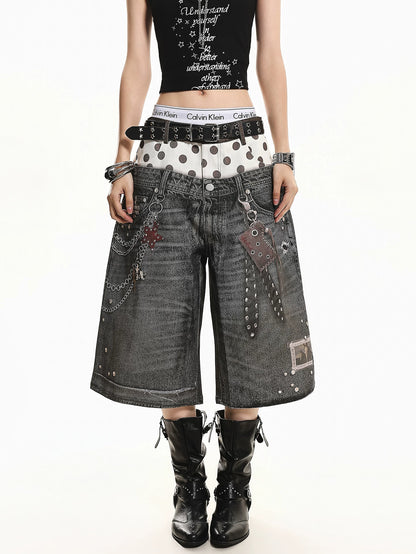'Star Bloom' Vintage Washed Double Waist Graphic Capri Denim Pants AlielNosirrah