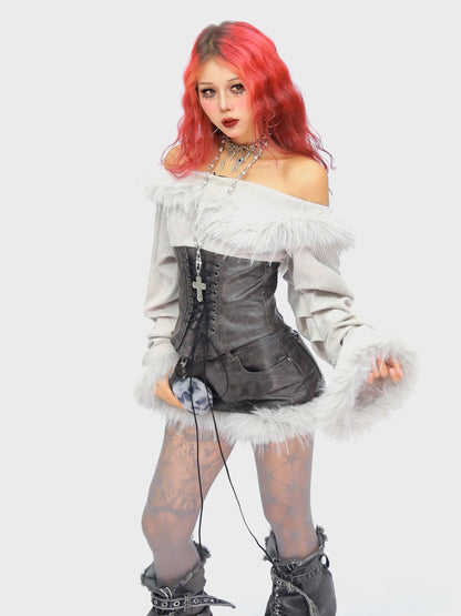 ’Wild Heart' Y2K Faux Fur Off-Shoulder Long Sleeve Top + Shorts Set (Copy) AlielNosirrah