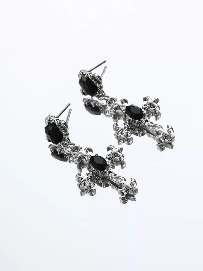 'Obsidian Faith' Gothic Black Stone Cross Pendants Earrings