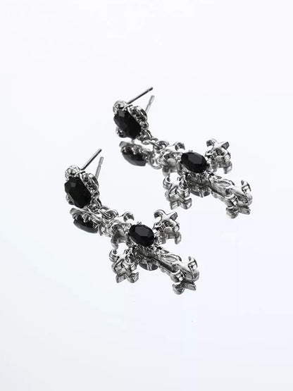 'Obsidian Faith' Gothic Black Stone Cross Pendants Earrings