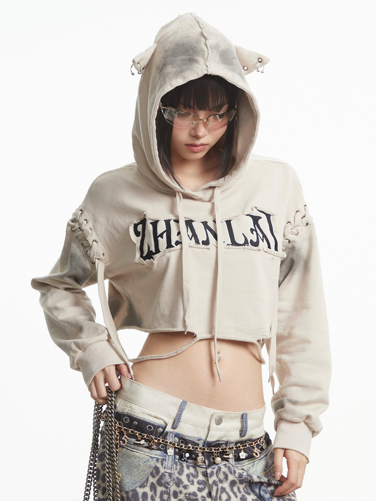 'Feral Cat' Cropped Print Drawstring Spicy Street Hoodie (Copy) AlielNosirrah