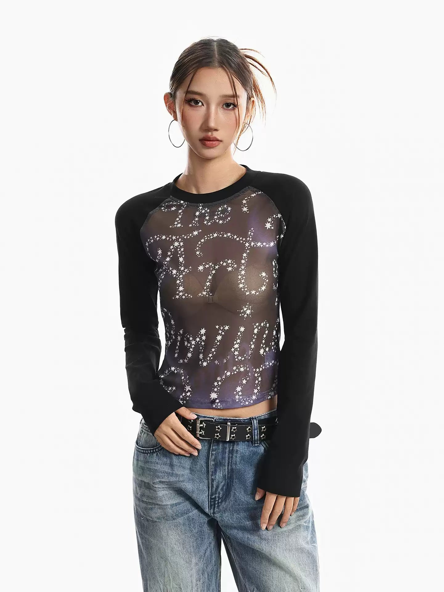 'Dreaming' Vintage Print Mesh Patchwork Long Sleeve Top AlielNosirrah