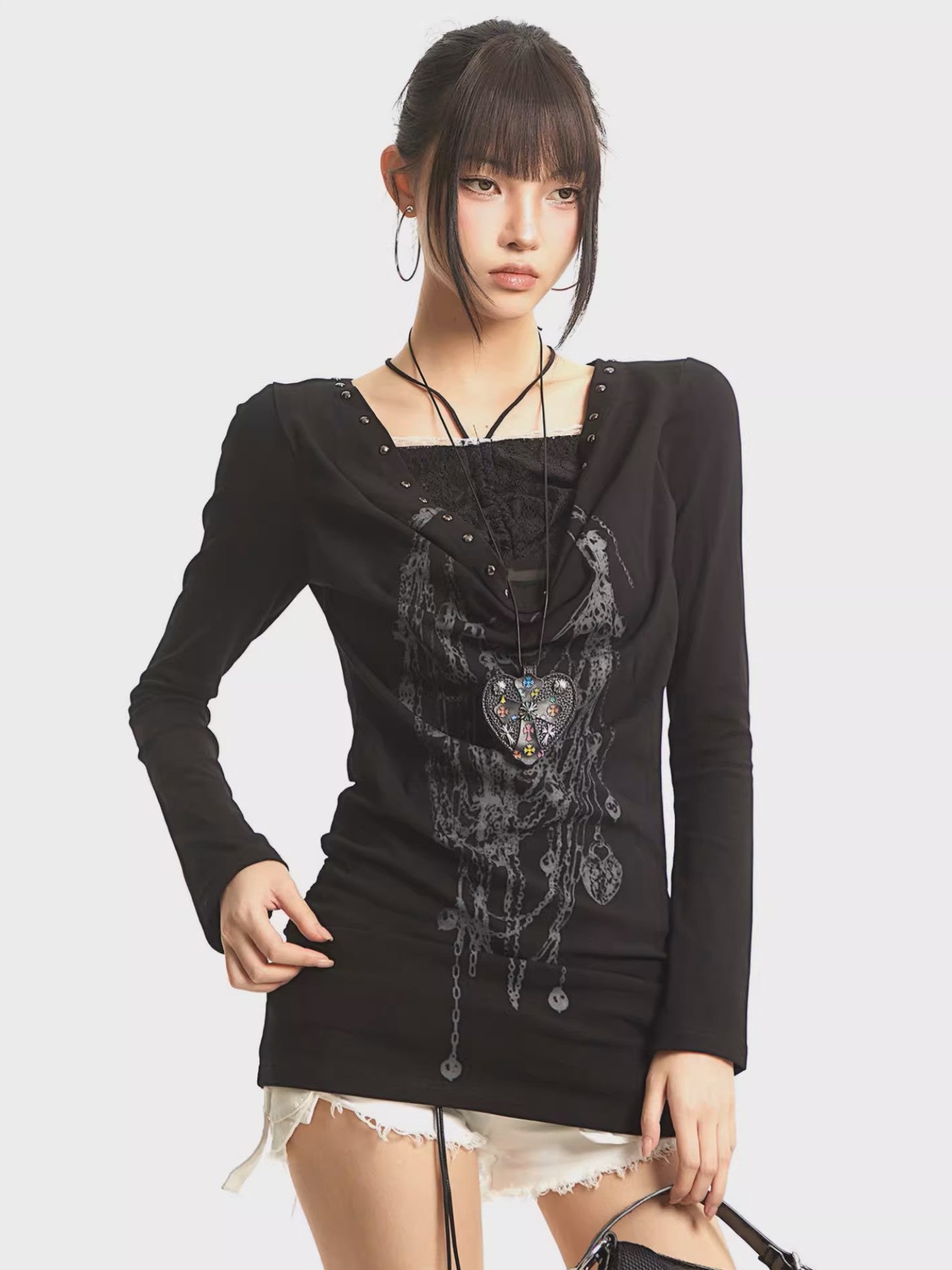 ’Kiss Chain' Faux-Layered Lace Trim Chain-Print Slim Fit Long Sleeve Top AlielNosirrah