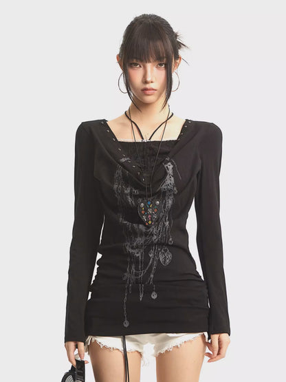 ’Kiss Chain' Faux-Layered Lace Trim Chain-Print Slim Fit Long Sleeve Top AlielNosirrah