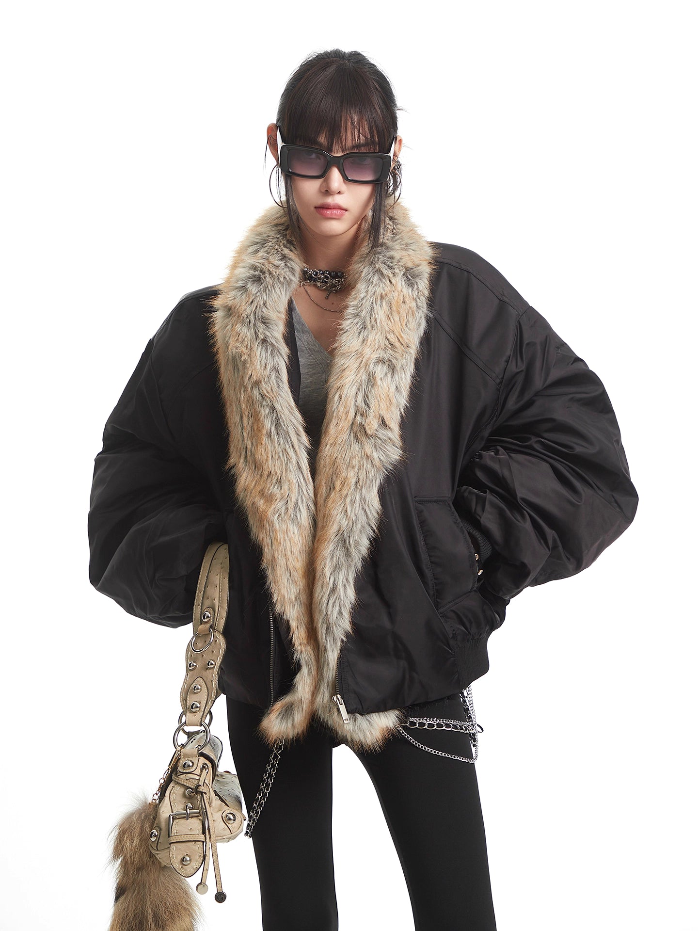 'Nightfall' Fur-Lined Black Aviator Puffer Jacket AlielNosirrah