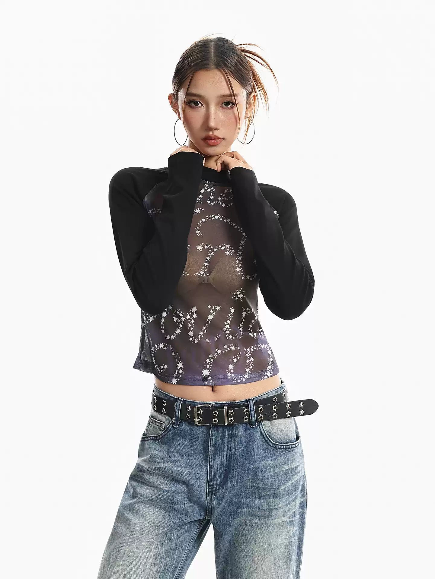 'Dreaming' Vintage Print Mesh Patchwork Long Sleeve Top AlielNosirrah