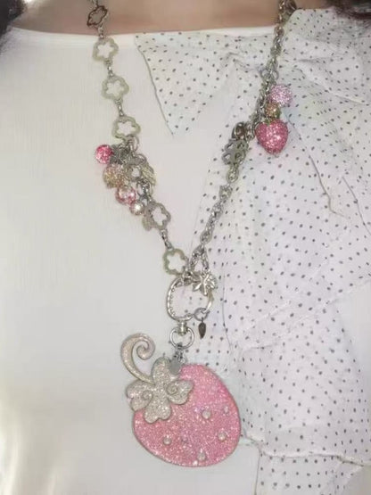'Strawberry Bud' Glitter Strawberry Pendant Metal Necklace AlielNosirrah