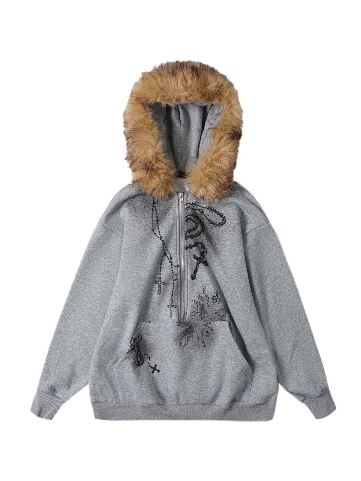 'Holy Charm' Chain-Print Fur Collar Graphic Fleece Hoodie (Copy) AlielNosirrah