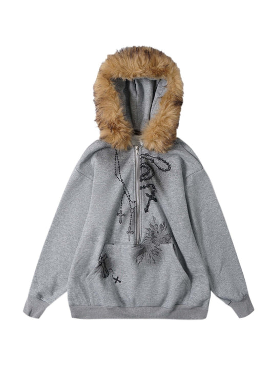'Holy Charm' Chain-Print Fur Collar Graphic Fleece Hoodie (Copy) AlielNosirrah