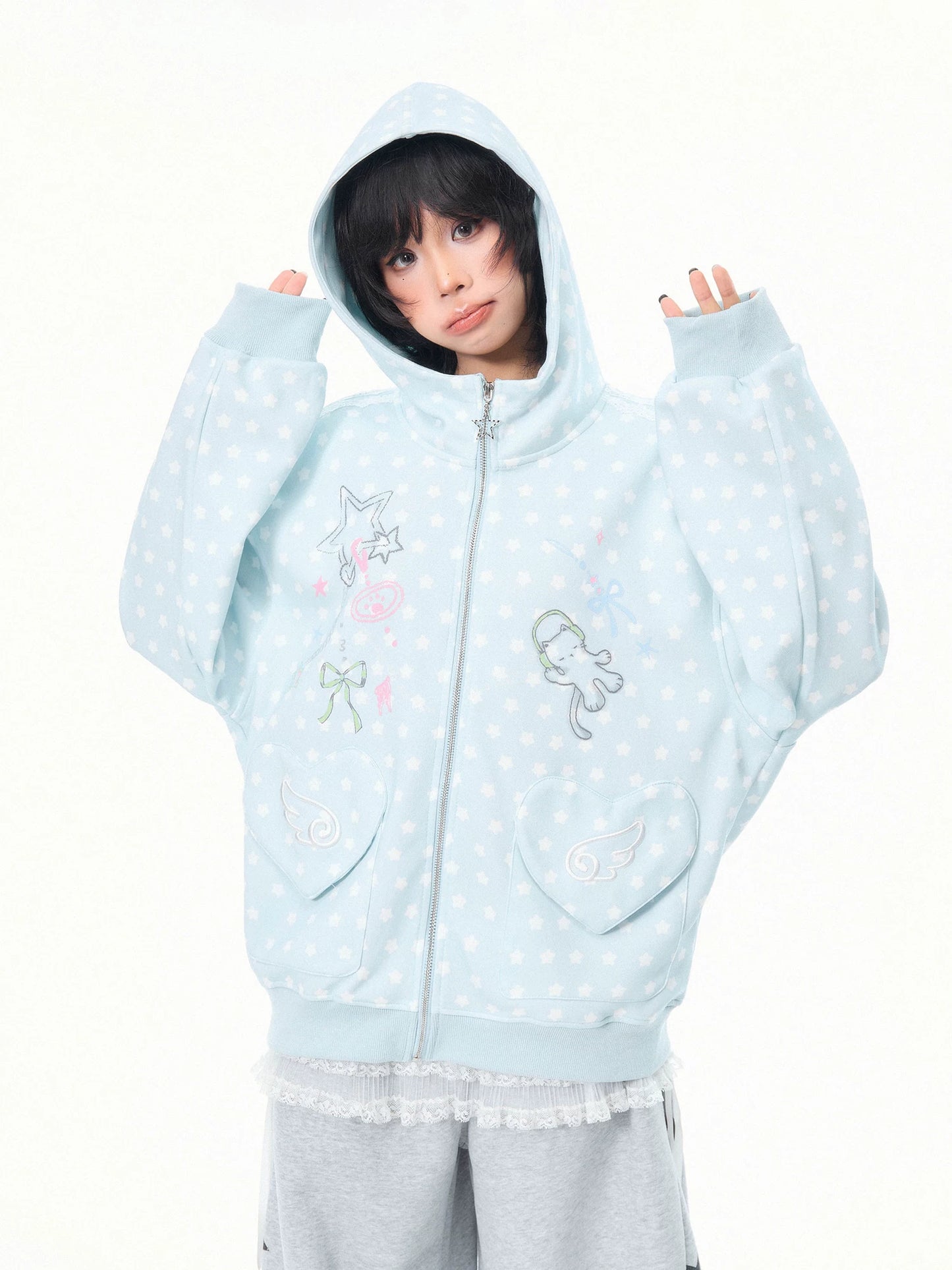 'Kitty Star' Allover Cat Star Pattern Hoodie AlielNosirrah