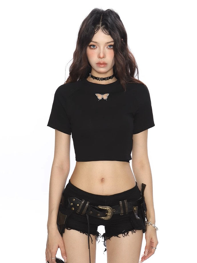 'Summer Butterfly' Backless Butterfly Shoulder Slim Crop T-Shirt AlielNosirrah