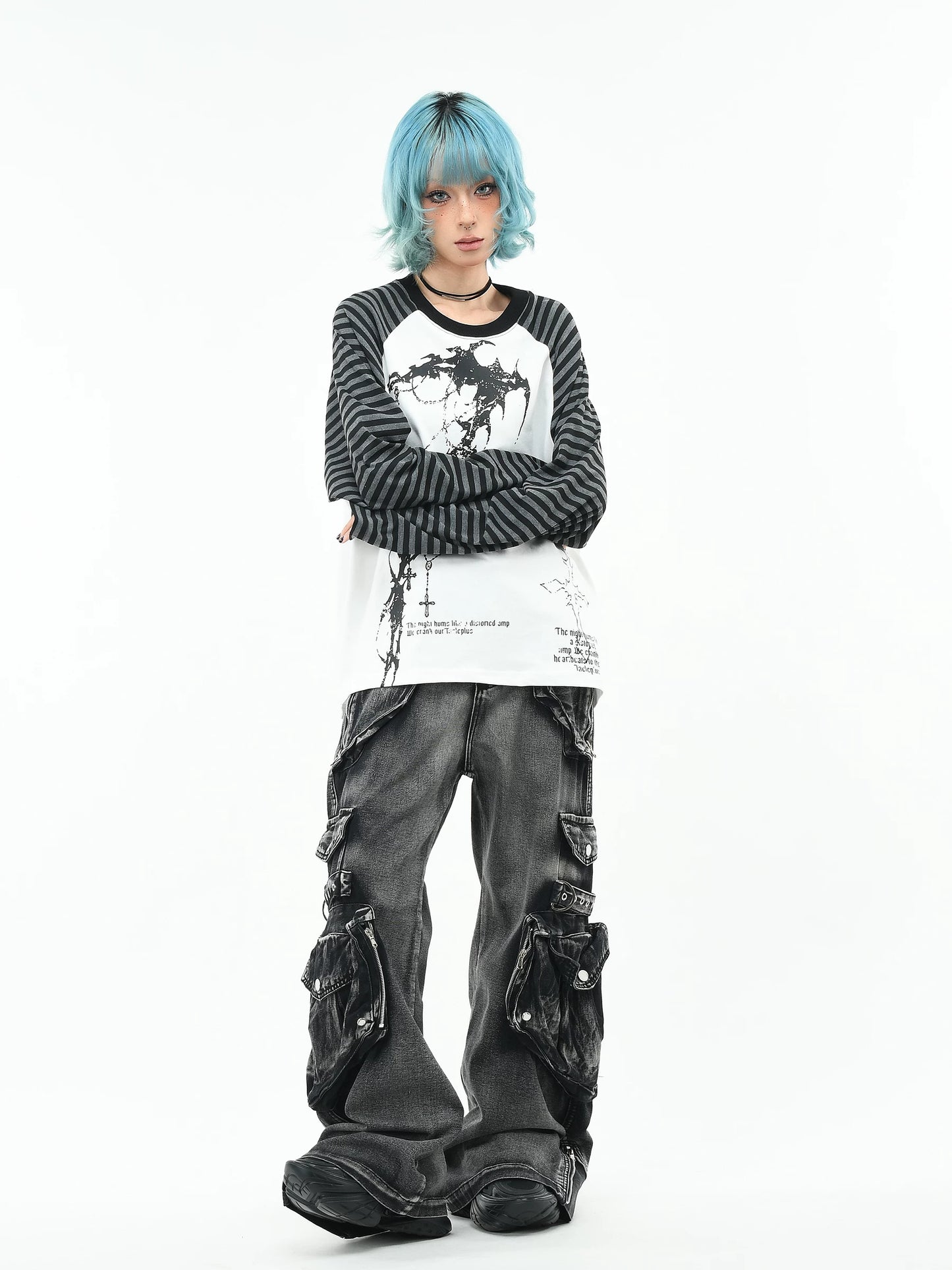 'GothWave' Gothic Striped Color Block Long Sleeve T-Shirt