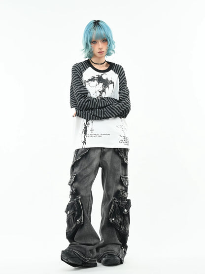 'GothWave' Gothic Striped Color Block Long Sleeve T-Shirt