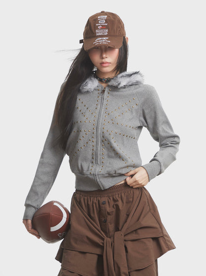 'Urban Stud' Fur Collar Studded Detailing Fleece Hoodie (Copy) AlielNosirrah