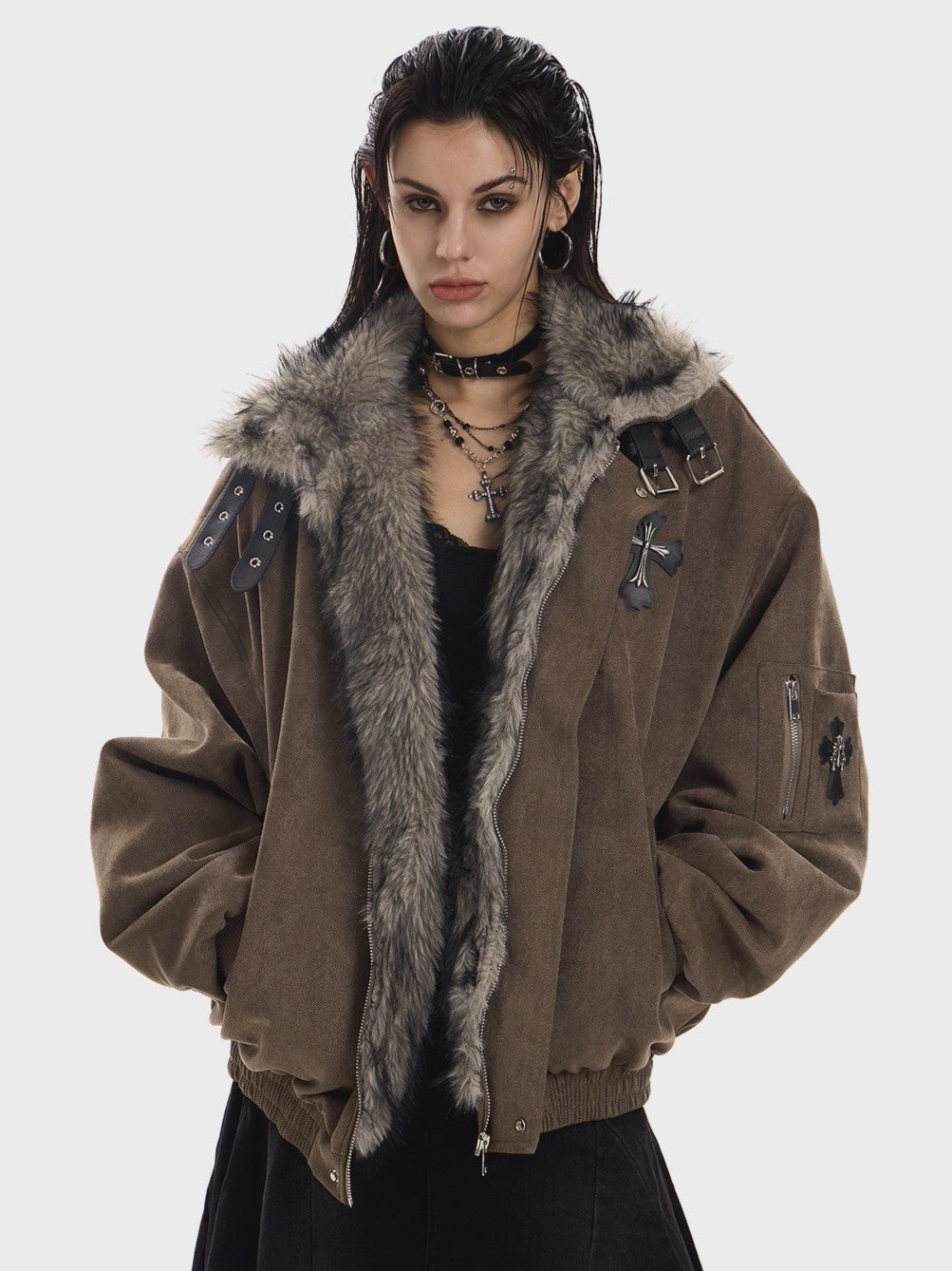 'Frosted Faith' Cross Print Fleece-Lined Thick Jacket AlielNosirrah